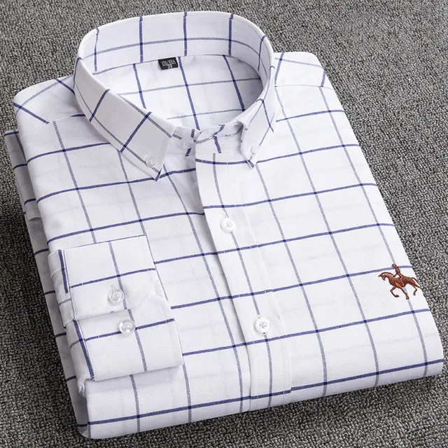 100% Cotton Oxford Shirt Men's Long Sleeve Embroidered Horse Casual Without Pocket Solid Yellow Dress Shirt Men Plus Size 5XL6XL White Plaid