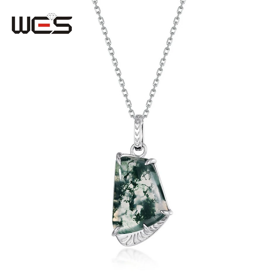 

WES 925 Sterling Silver Natural Gemstone Moss Agate Pendant Necklace For Woman Certified Fine Jewelry Christmas Wedding Gifts