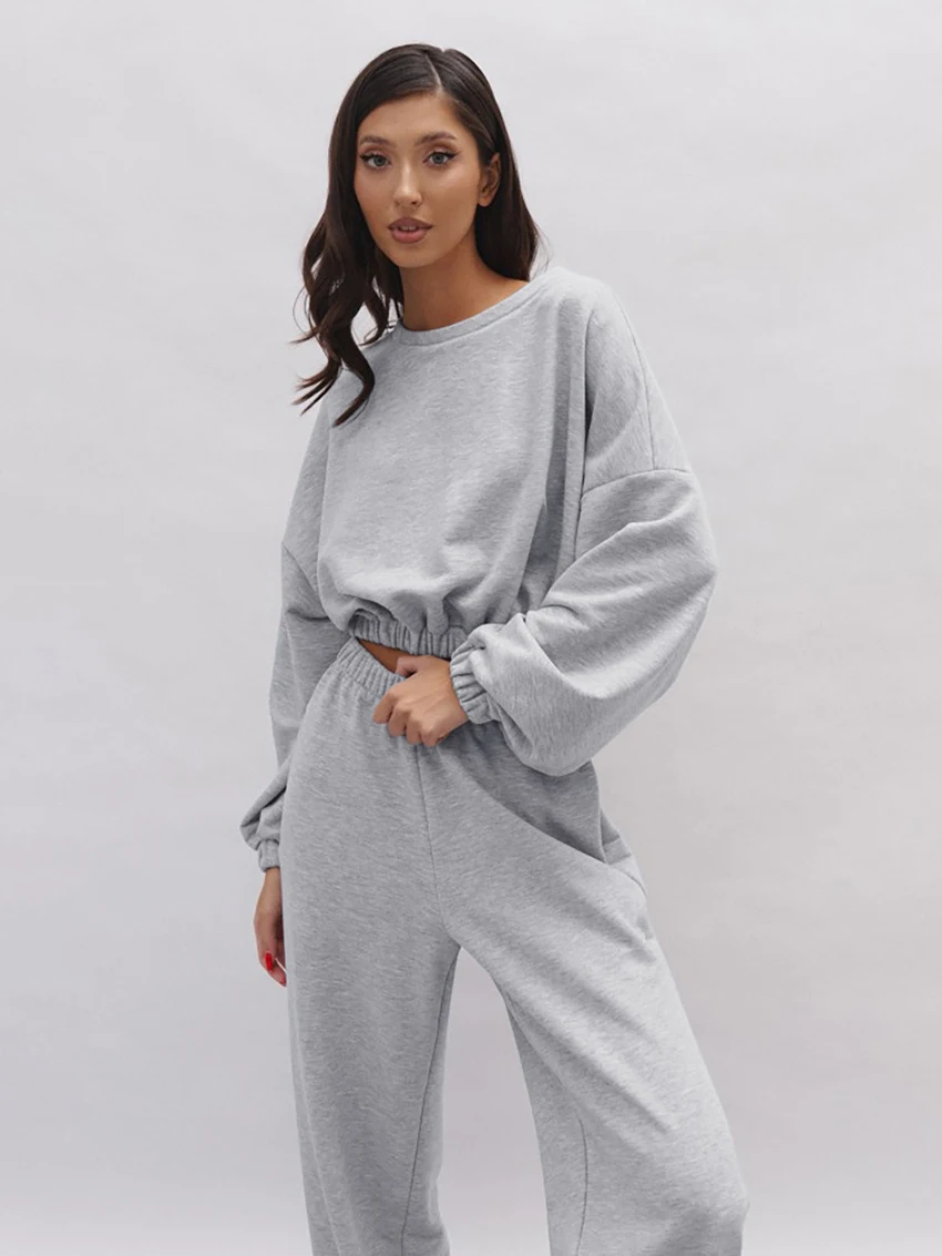 Marthaqiqi Casual Female Sleepwear 2 Piece Suit Crop Top Nightwear Long Sleeve Nightgowns O-Neck Pajama Pants Home Clothes Women