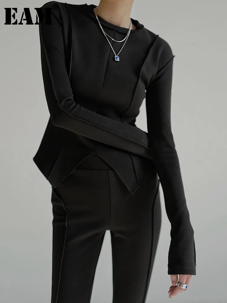

[EAM] Women Black Irregular Hem Slim High Elastic T-shirt New Round Neck Long Sleeve Fashion Tide Spring Autumn 2024 1DF4907