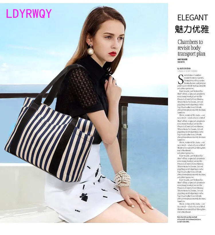 

2023 European and American striped large capacity striped shoulder bag women's fashion multi-bag canvas bag 37x27cm
