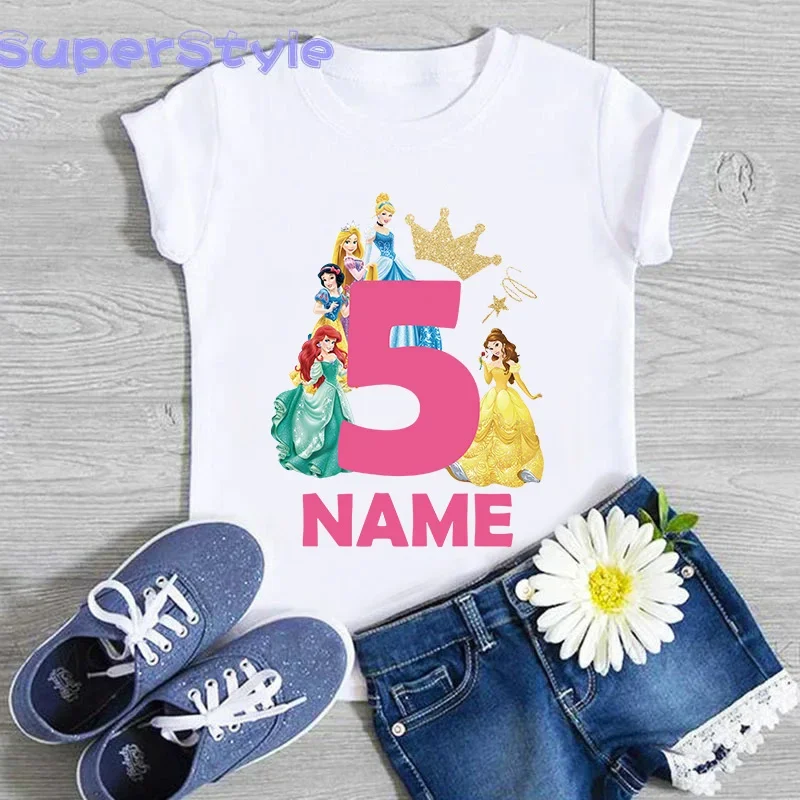 Children Birthday Party Princess Costume Shirt Girls 1 2 3 4 5 6 7 8 9 Years Disney Princess Birthday Custom Name Kids T Shirts 3