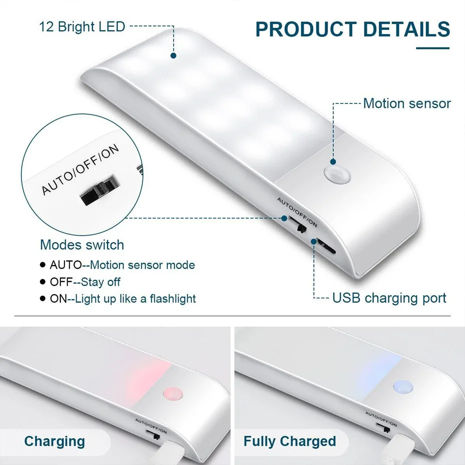 언더 캐비닛 조명 주방 조명, IR 모션 센서, 12LED smd5730 야간 조명, USB 충전식 계단 조명, 옷장 램프