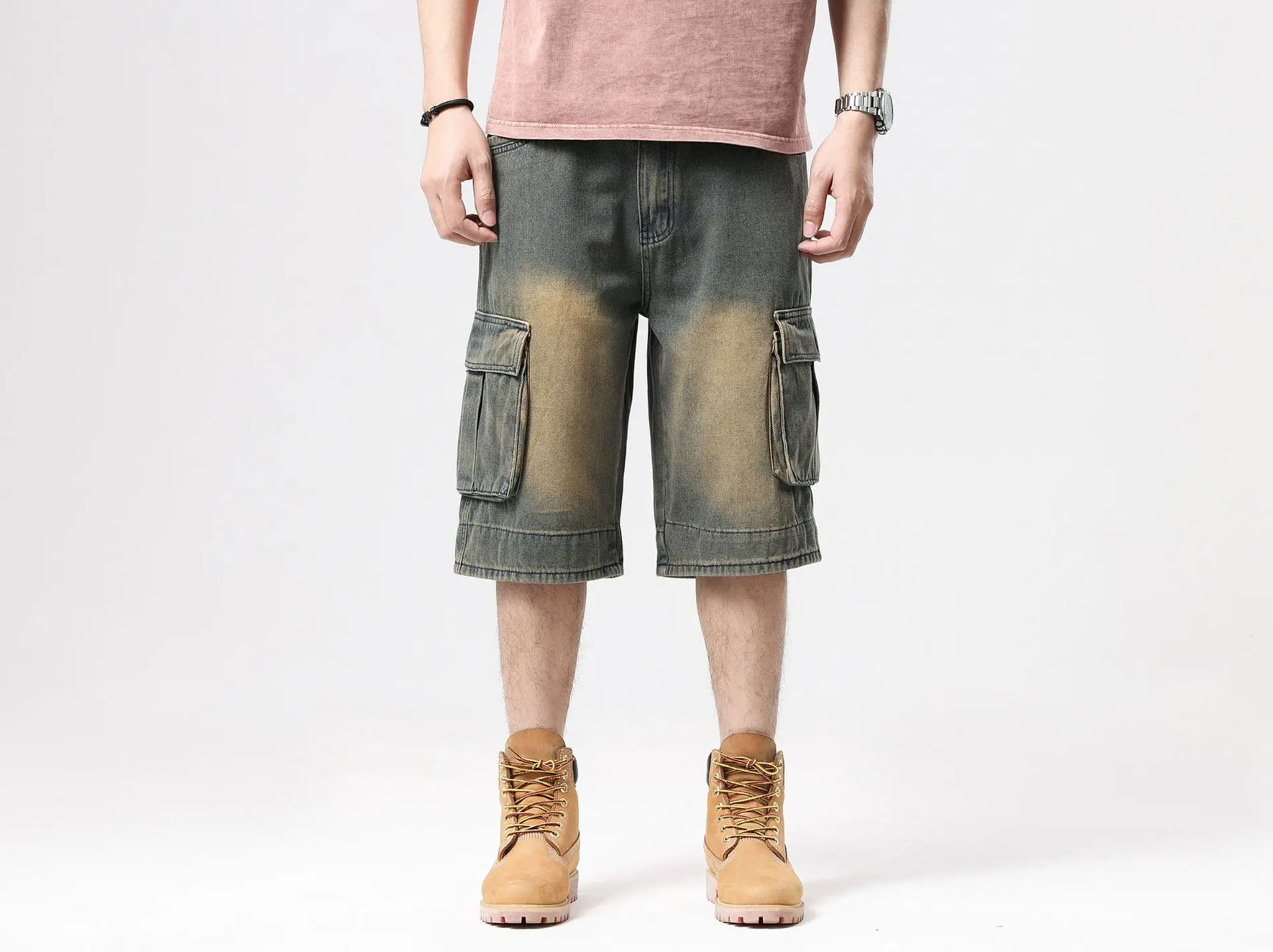 

Summer Male Hip-Hop Loose Wide Leg Jeans Shorts Baggy Shorts Men Muti Pockets Short Trousers