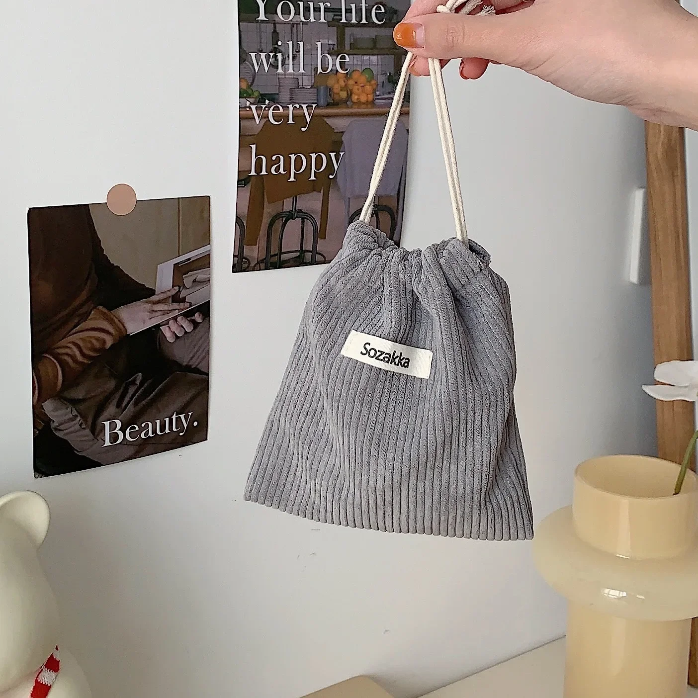 Cosmetic Storage Bag Solid Color Corduroy Drawstring 1pc