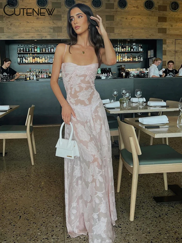 NIBBER Women's Elegant Floral Printed Mesh Maxi Dress Sweet Backless Sleeveless Suspender Dress Summer Street Casual Vestidos