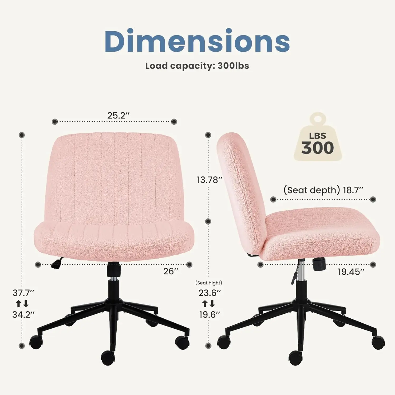 Criss Cross Chair with Wheels, Legged Office Armless Wide Desk Seat with Dual-Purpose Base, Adjustable Swivel Teddy Fabric