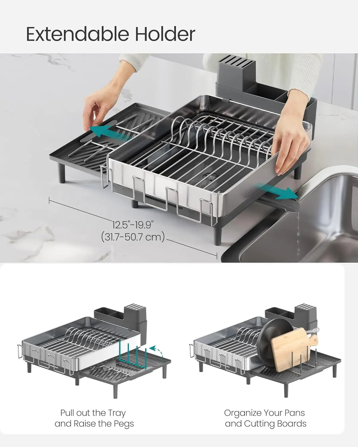Large Dish Drying Rack, Expandable Dish Dryer for Kitchen Counter, Stainless Steel Dish Rack with Rotatable Spout, Utensil