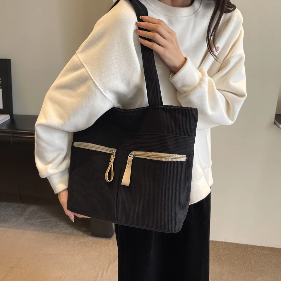 Corduroy Casual Totes  Solid Cloth Shoulder Bags 2023 Winter Large Capacity Shopping Bags Japan Korea Cotton Simple Packages