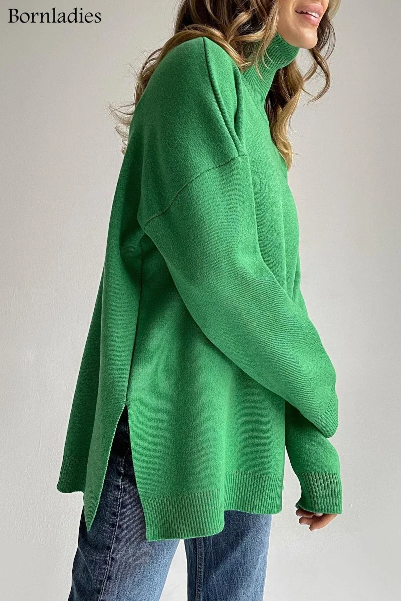 Bornladies  Green turtleneck sweater slit ladies 2025 autumn and winter warm, comfortable and fashionable knitted sweater