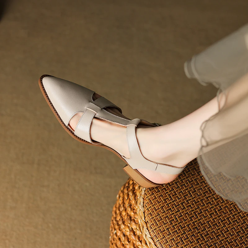 New Women Sandals Pointed Toe Thick Heels Genuine Leather Pumps Office Spring Summer Fashion Concise Slingbacks Shoes Woman