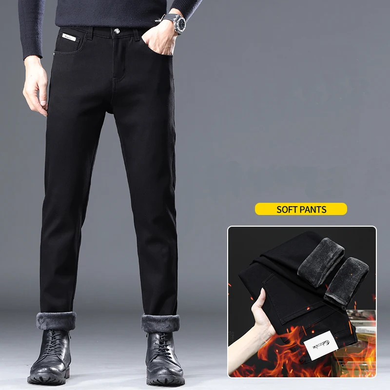 

Free Shipping 2023 Men's Autumn and Winter Black New Mid Rise Straight Fit Plush Jeans Thickened Thermal Casual Pants