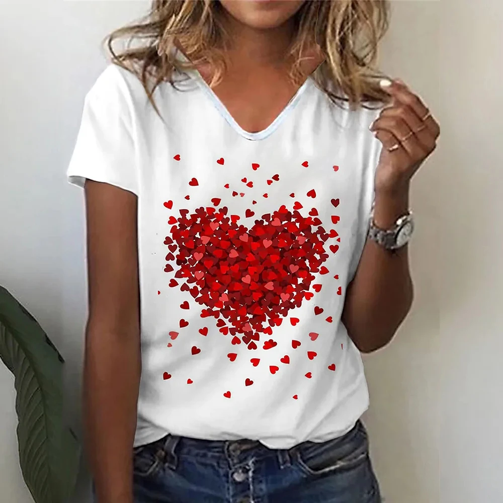 

2024 New Fashion Women's T Shirt Love Print V-neck Short Sleeve Tee Shirts Harajuku Tops Ladies T-shirt Oversized Female Clothes