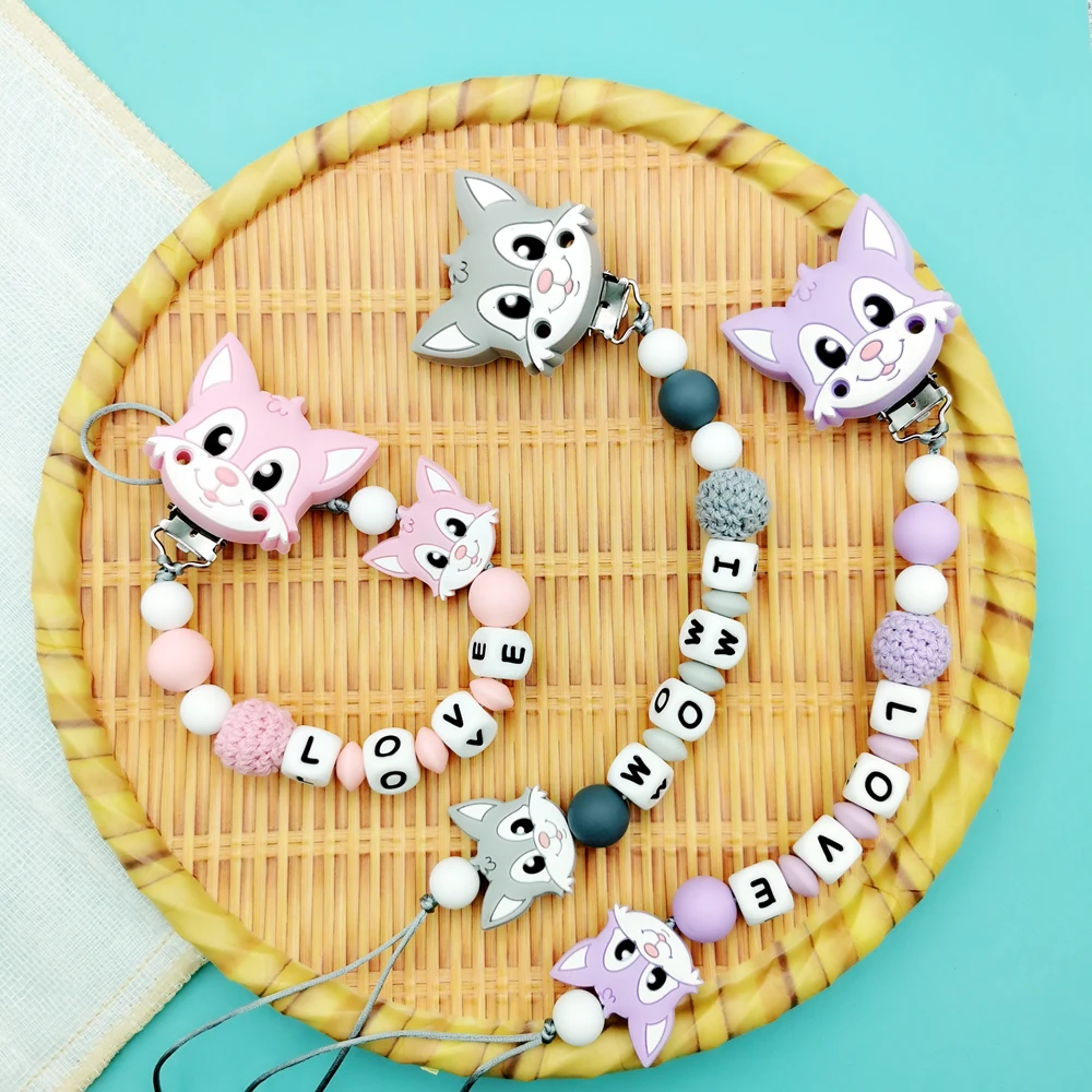 Custom English Russian Letter Name Baby Silicone Cat Pacifier Clips Chains Teether Pendant for Baby Pacifier Kawaii Teether Gift