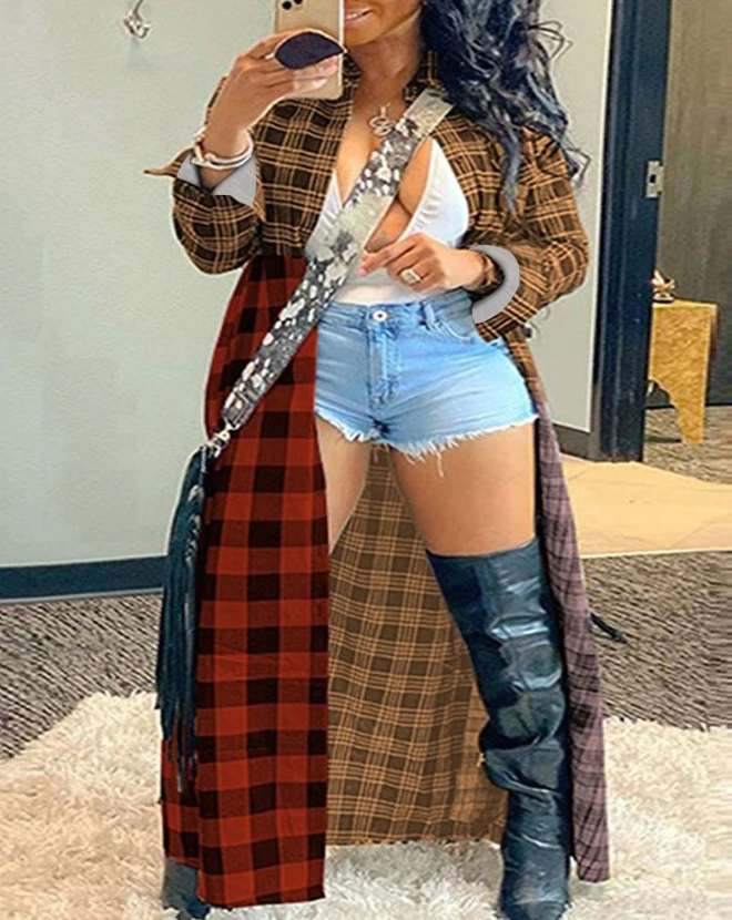 Plaid Print Buttoned Longline Coat 2023 New Autumn Winter Women's Turn-down Collar Long Sleeve Commuting Style Coat 2022 new geometric print shirts men fashion turn down collar buttoned shirt men autumn casual long sleeve cardigan streetwear