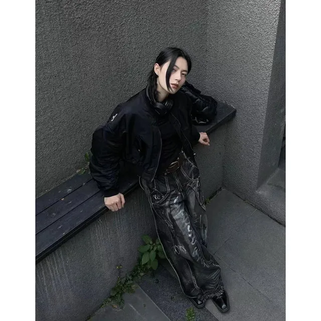 Jean gothique noir pour femmes, Harajuku Y2k des années 90, pantalon en Denim Baggy esthétique, Punk coréen, vêtements poubelles Vintage des années 2000 3