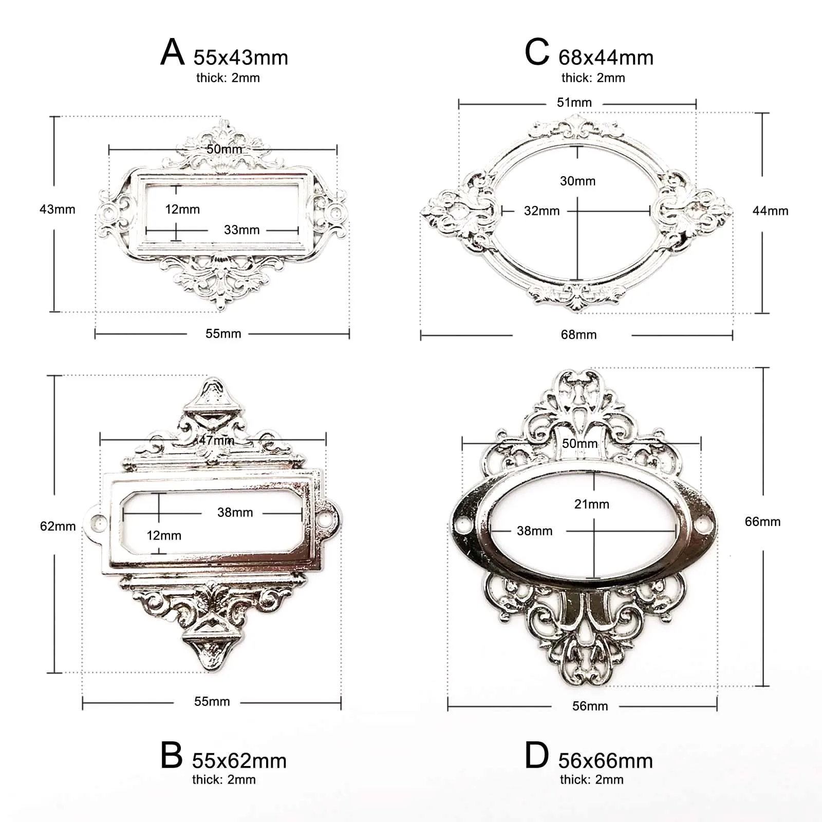 Set of 6 Vintage Carved Decorative Label Holders for Furniture and Cabinets
