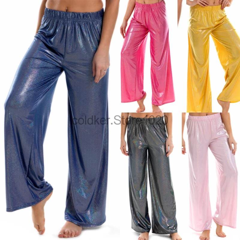 

Брюки женские блестящие широкие с металлическим блеском, модные штаны для танцев на дискотеке, свободные брюки в стиле хип-хоп с эластичным поясом, уличная одежда для джаза