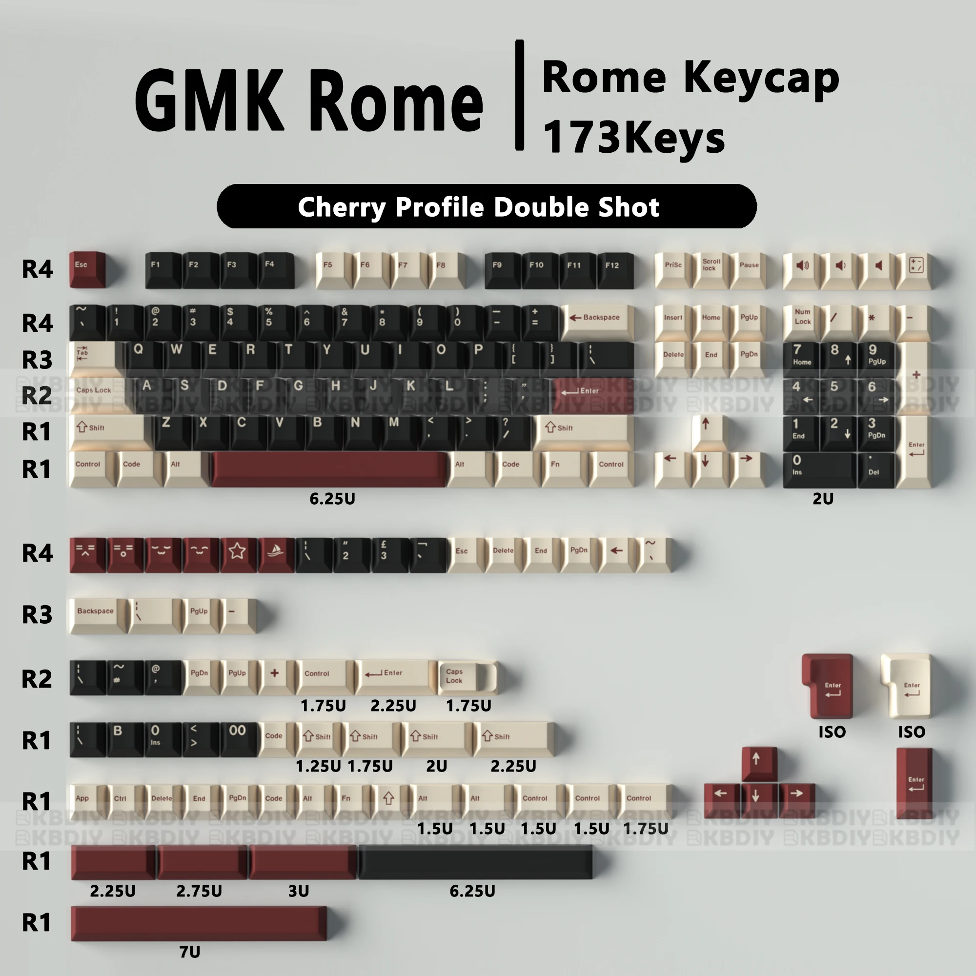 

KBDiy 173 Keys/Set Cherry Profile Mechanical Keyboard Double Shot ABS GMK Rome Keycaps ISO for MX Switch RK61 Anne Pro 2 68 980