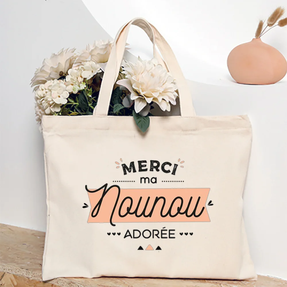 

Merci Nounou French Printed Women Shoulder Bag Canvas Tote Bag Female Handbags Reusable Shopping Bags Best Gifts for Nounou