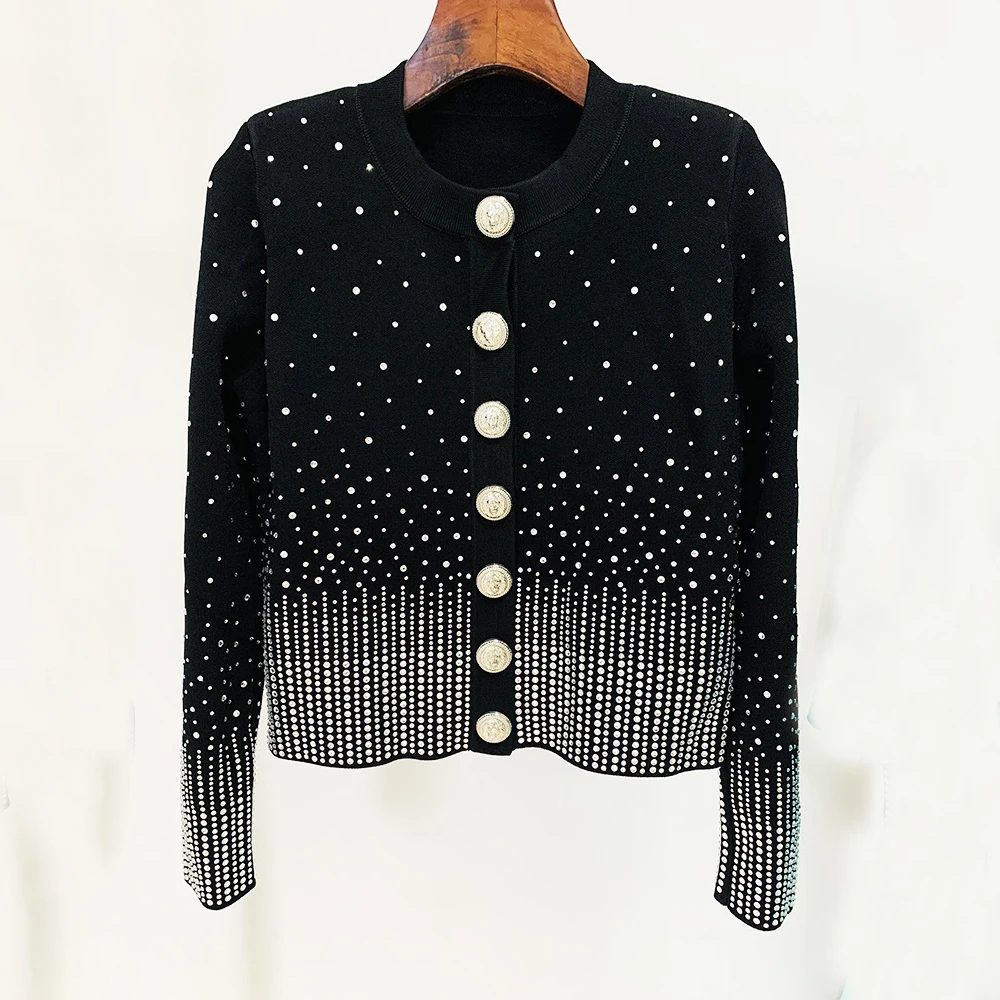 

2023 Autumn New Women's Fashion Long Sleeve O-Neck Single Breasted Button Heavy Duty Gradient Hot Diamond Knitted Cardigan Coat
