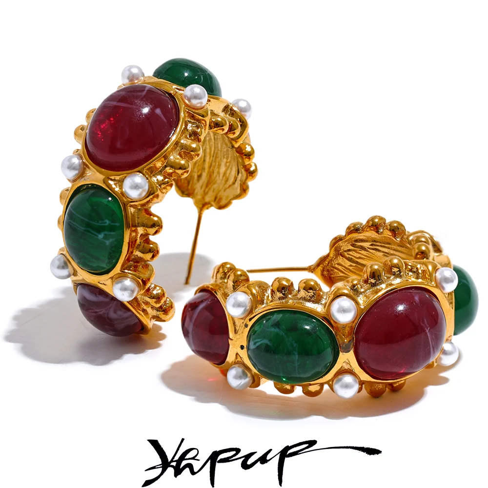 Yhpup Edelstahl C-förmige französische Charm-Ohrringe Schmuck Vintage Rot Grün Harz Stein Imitationsperlen Goldfarbe Bijoux
