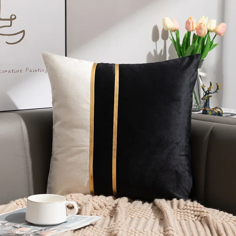 Black and white velvet color-block pillow cover