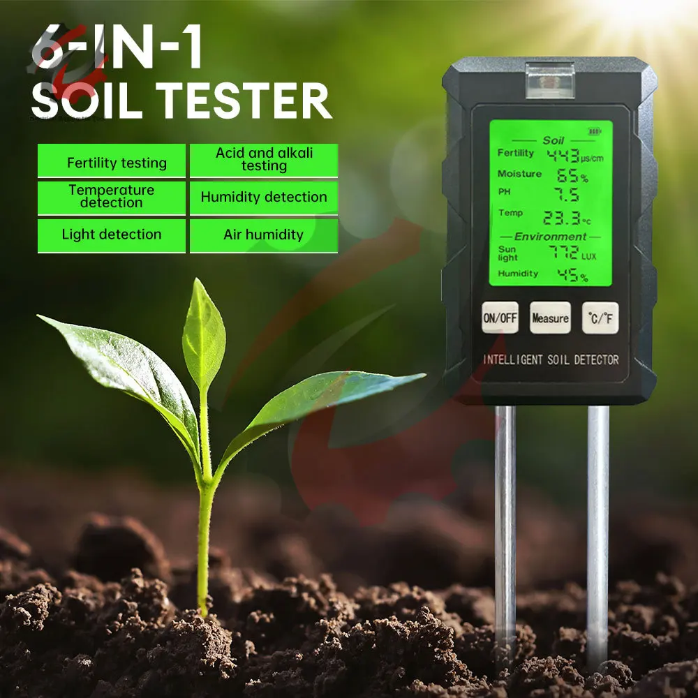 

Soil PH Meter Tester 6 In 1 PH Moisture Temperature Sunlight Intensity Fertility Meter Measurement Analysis Garden Planting