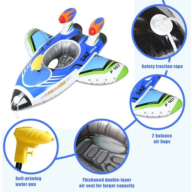 Baby Swimming Ring Inflatable Airplane Pool Float Boat with Handle Automatic Pumping Water Gun Fun Beach Pool Toy for Boys Girls 5