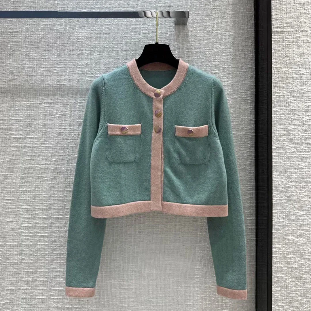 여성용 캐시미어 니트 짧은 디자인 가디건, 줄무늬 패치워크 O-넥 전면 더블 포켓 버튼, 귀여운 스웨터, 가을 패션, 신상