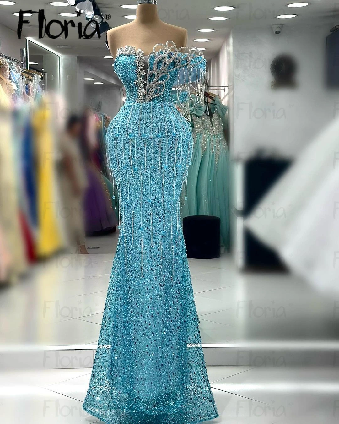 

Unique Design Blue Off Shoulder Sequins Party Dress 2023 Elegant Women Custom Made Wedding Prom Gowns with Tassel Vestidos De
