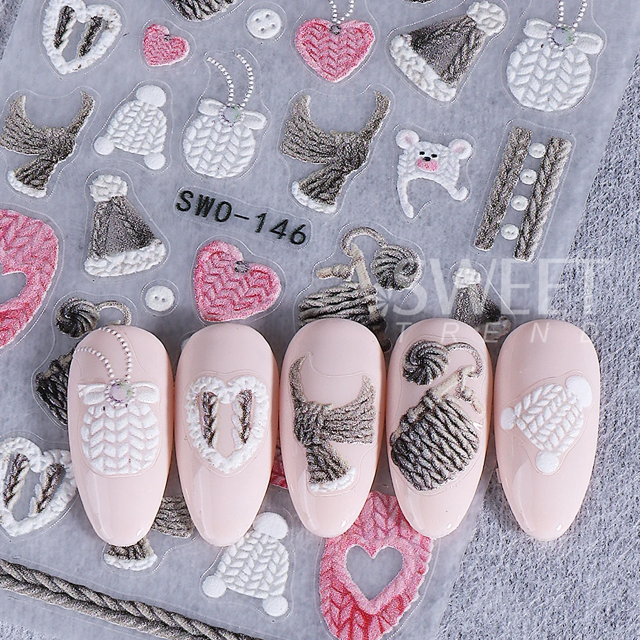 2pcs Embossed Christmas Nail Stickers Winter Sweater Gloves Hat Snowman Nail Decals DIY Manicure Decoration Slider Nail Supplies