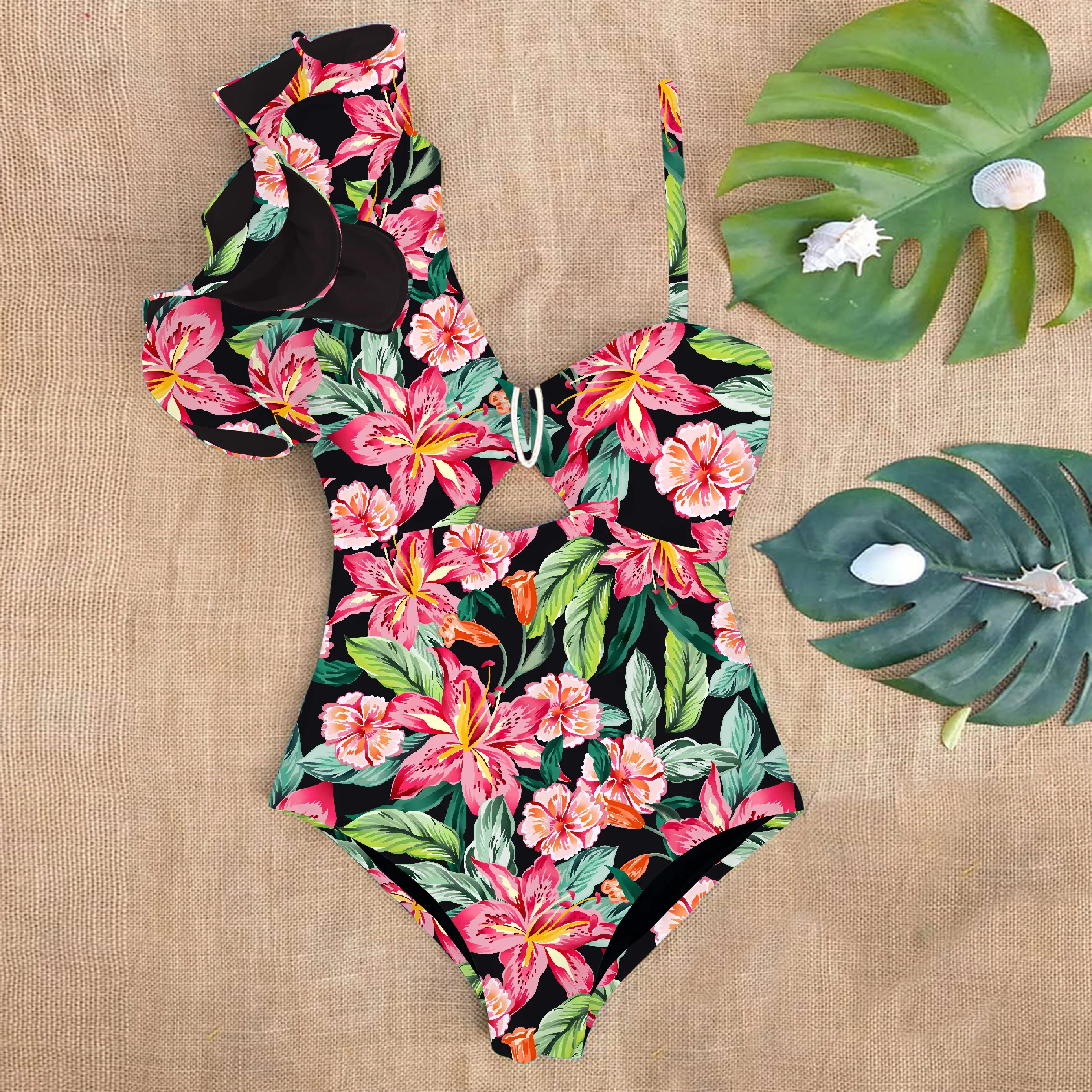 Ruffle Swimwear Single Shoulder One Piece Swimsuit Women Floral Printed Tropical Summer Beach Bathing Suit