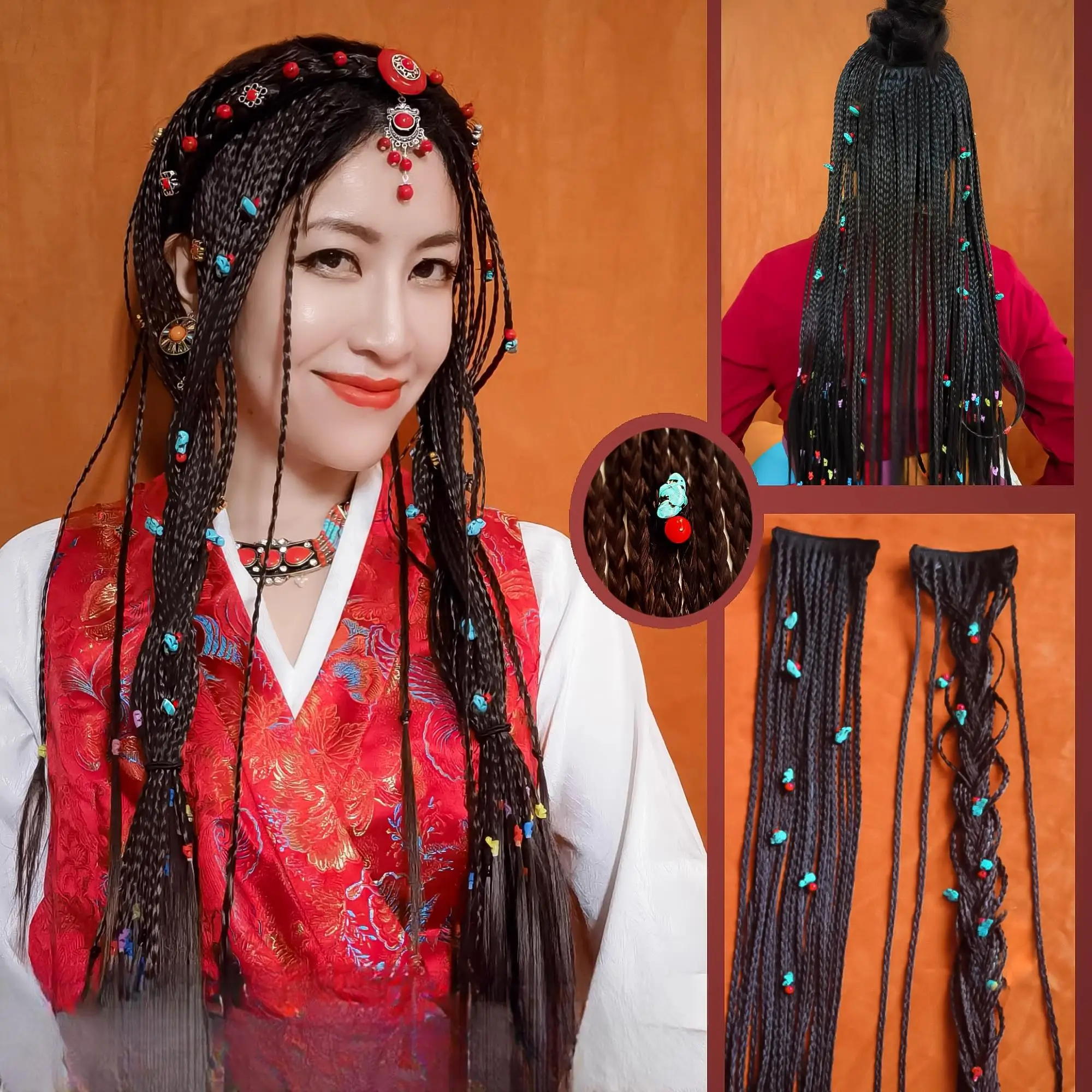 

Western Tibetan Braid Ponytail Twist Wig Set Thin Ethnic Style Turquoise