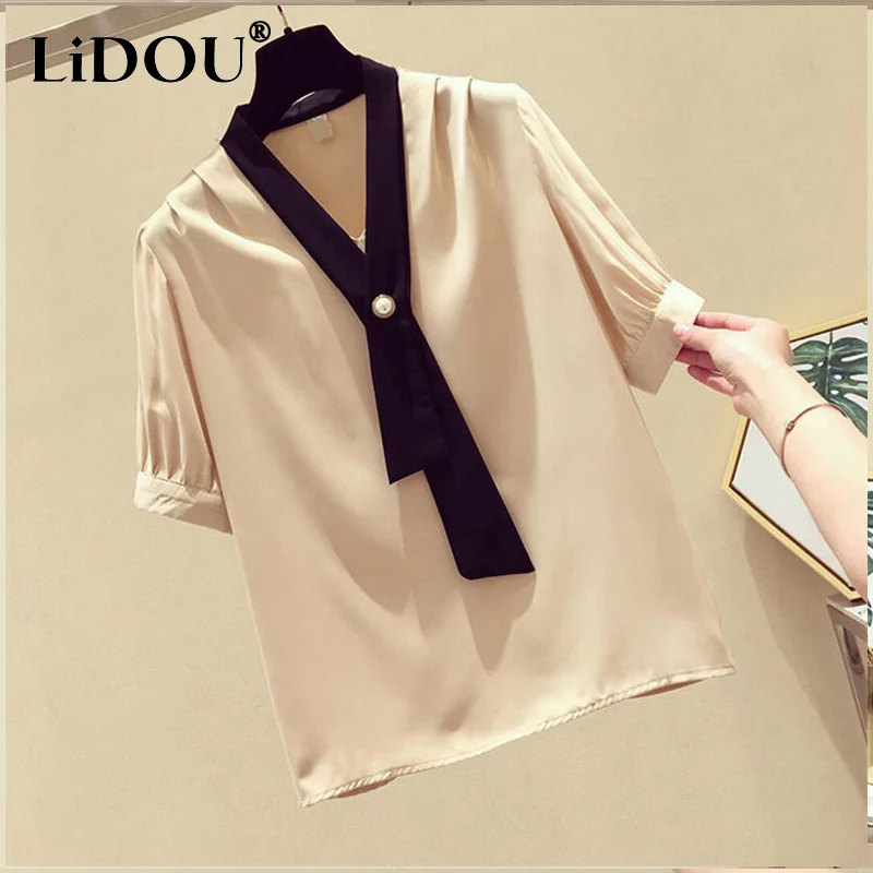 

Summer New V-neck Embroidered Flares Short Sleeve Chiffon Shirt Women Fashion Elegant Loose Casual Contrast Color Patchwork Tops