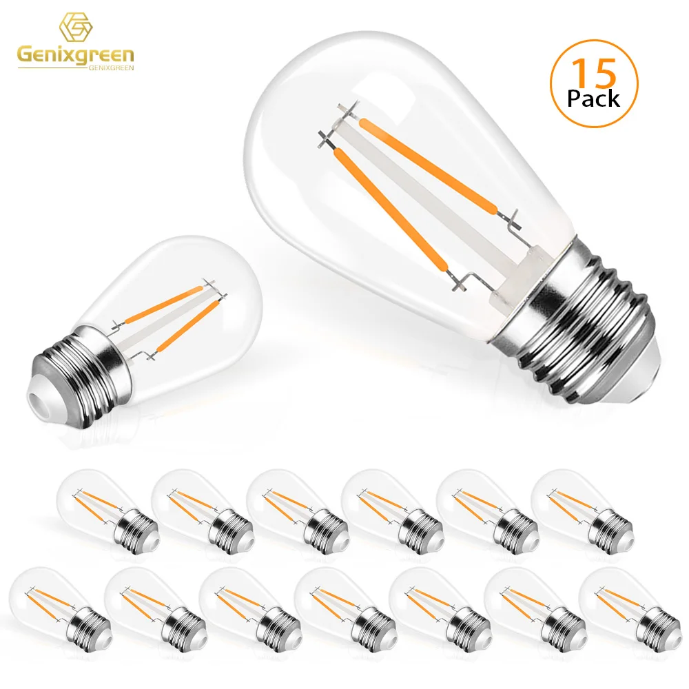 

Genixgreen S14 2W String Light Bulb Warm White 2700K E27 Dimmable Waterproof Plastic Led Filament Vintage ST45 Replacement Bulbs