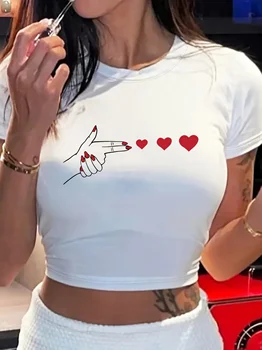 Neck Short Sleeve Tee Breathable Polyester Blend Machine Women's Valentine Heart Graphic Crop Top Casual Crew Aesthetic Clothes 1