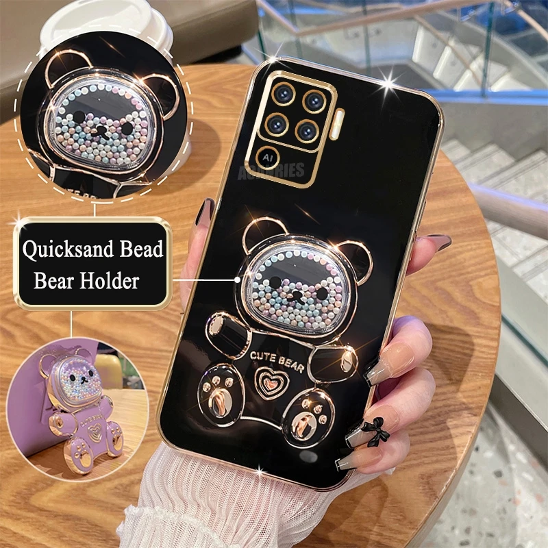 Cute Plating Quicksand Bear Stand Silicone Case