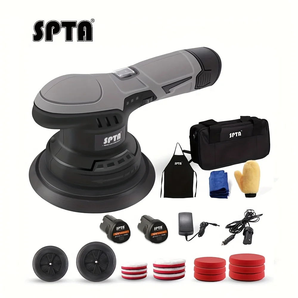 SPTA Cordless Car Buffer Polisher with 2Pcs 12V Lithium Rechargeable Battery Brushless Polisher with Variable Speed For Waxing