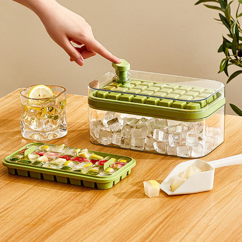 

1 Set Ice Cube Trays with Lid and Bin 64 Grids Silicone Ice Cube Mold Ice Cube Maker with 2 Trays Freezer Container and Scoop