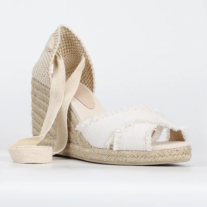

Spring and autumn new lace espadrille comfortable canvas shoes wedge high heels casual round toe large size women's sandals