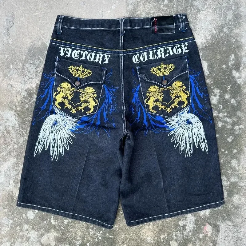 Denim Shorts Summer Jeans Shorts Dark style pattern printed denim shorts men's high street personality Harajuku style loose fashion wide leg ins five-point pants