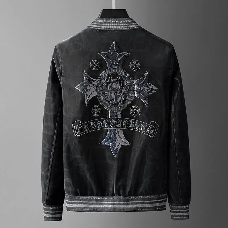 

Luxury brand Autumn winter new dull light PU leather clothes embroidered sequins jacket men's fashion handsome casual coat
