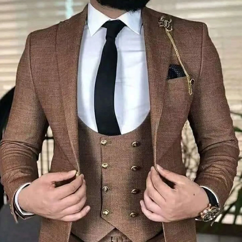 

Brown Business Men Suits Slim Fit Male Fashion Wedding Tuxedo for Groom Dinner 3 Pieces Jacket Vest with Pants Formal Costume