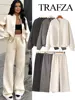 TRAFZA Women's Fall 2-Piece Retro Solid Color Zip Bomber Jacket Sweatshirt+High Waist Lace Up Women's Wide Leg Pants Street Wear 1