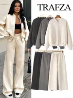 TRAFZA Women's Fall 2-Piece Retro Solid Color Zip Bomber Jacket Sweatshirt+High Waist Lace Up Women's Wide Leg Pants Street Wear 1