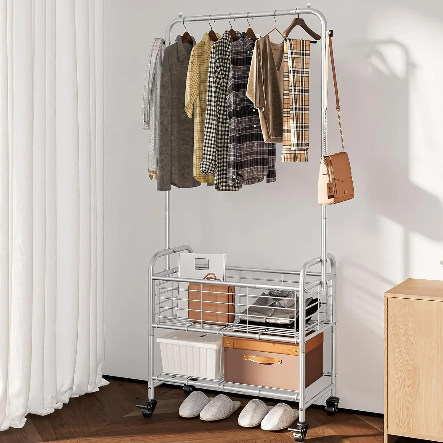 Laundry Basket with Wheels Rolling Laundry Hamper Laundry Sorter Cart Shelf Hanging Rack,Grey 2