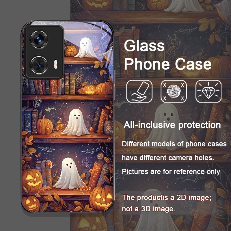 Tempered Glass Halloween Pumpkin Ghost Bookshelf Phone Case Cover