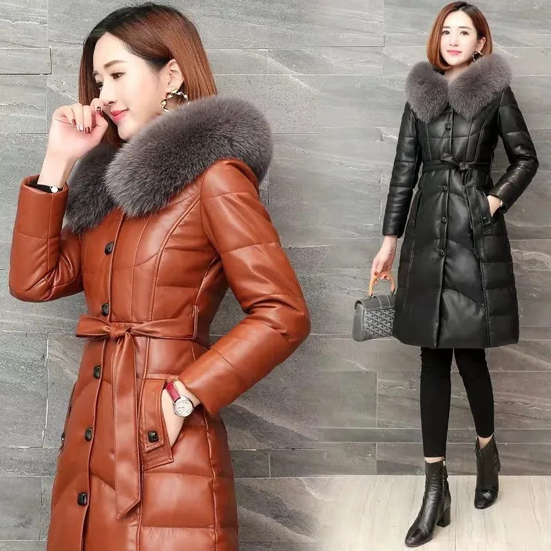 2022-black-leather-fur-overcoat-women-imitation-fox-fur-collar-long-fashion-hooded-coats-pu-leather-cotton-coat-belt-outerwear