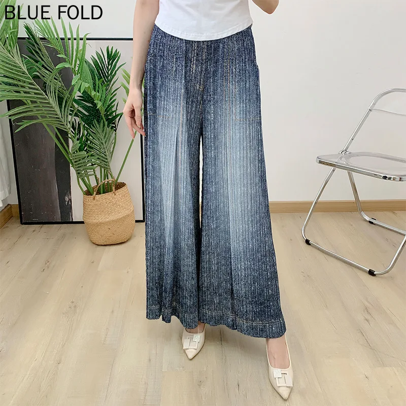 

MIYAKE-Women's Imitation Denim Pants, Wide-Leg Pleated Pants, Casual Loose Straight Trousers, Show Straight Legs, Autumn, New